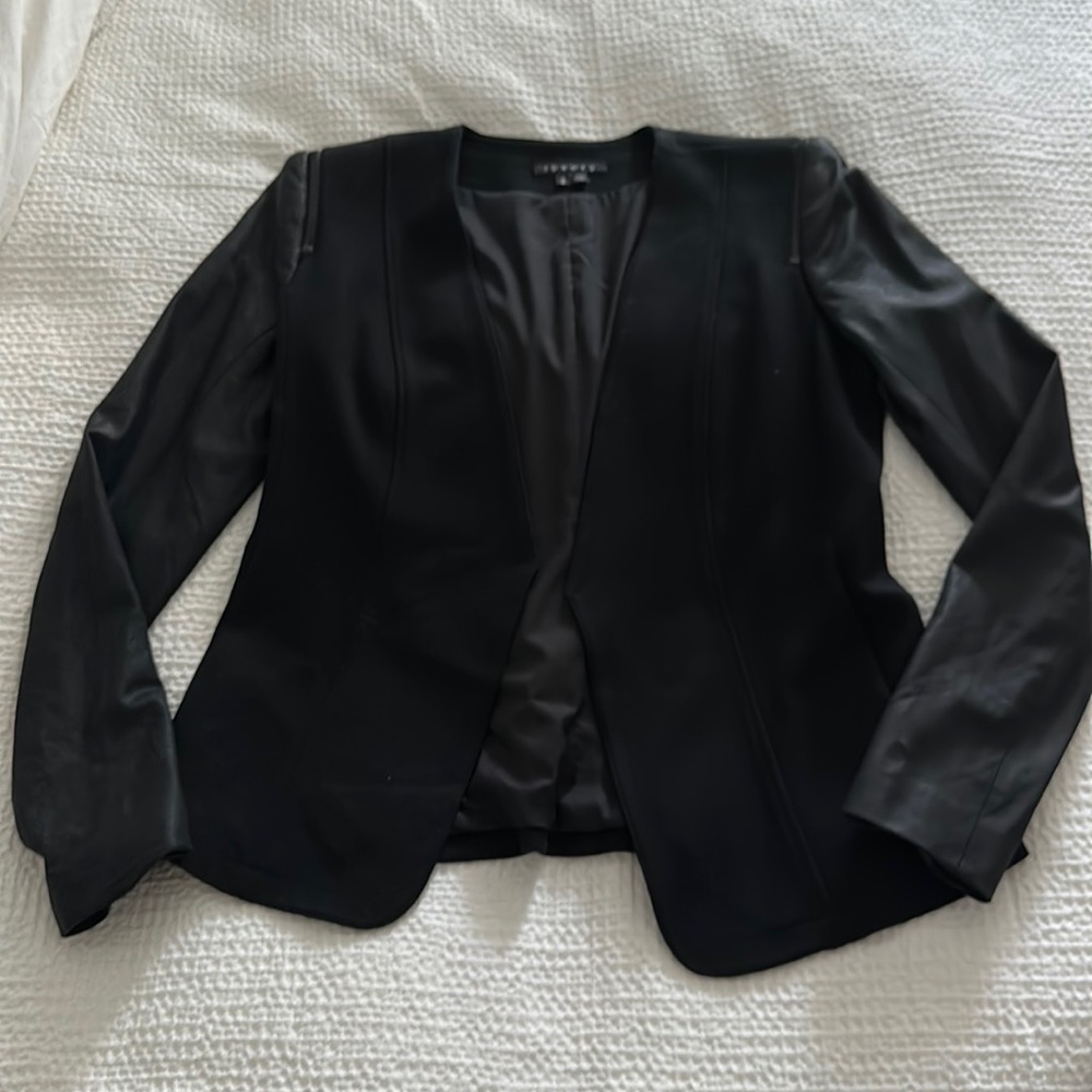 Theory black blazer (no closure) with leather sleeves.